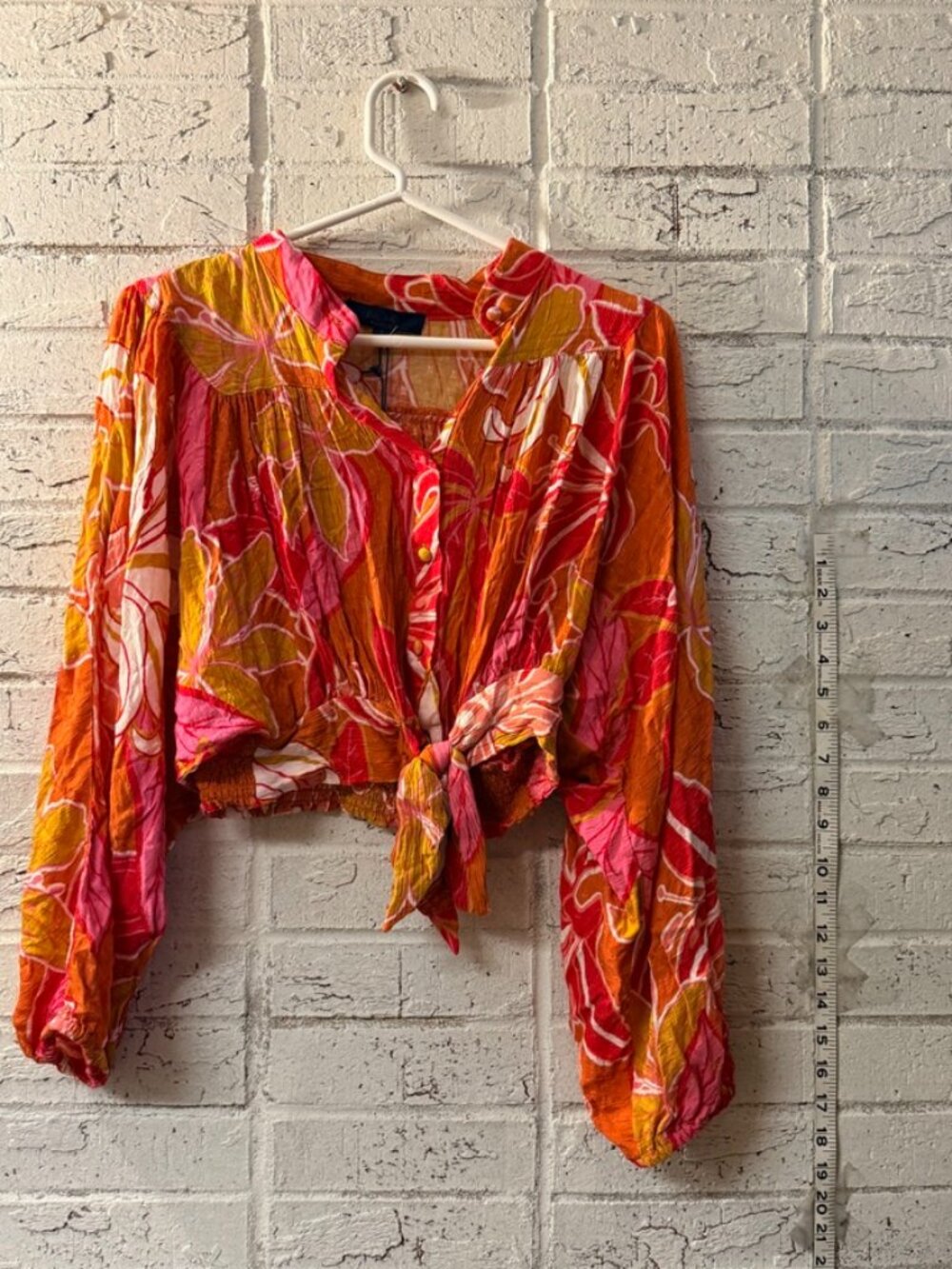 Rachel Roy Womens S Pink Orange Floral Blouse Tie Front Balloon Sleeve Boho Top